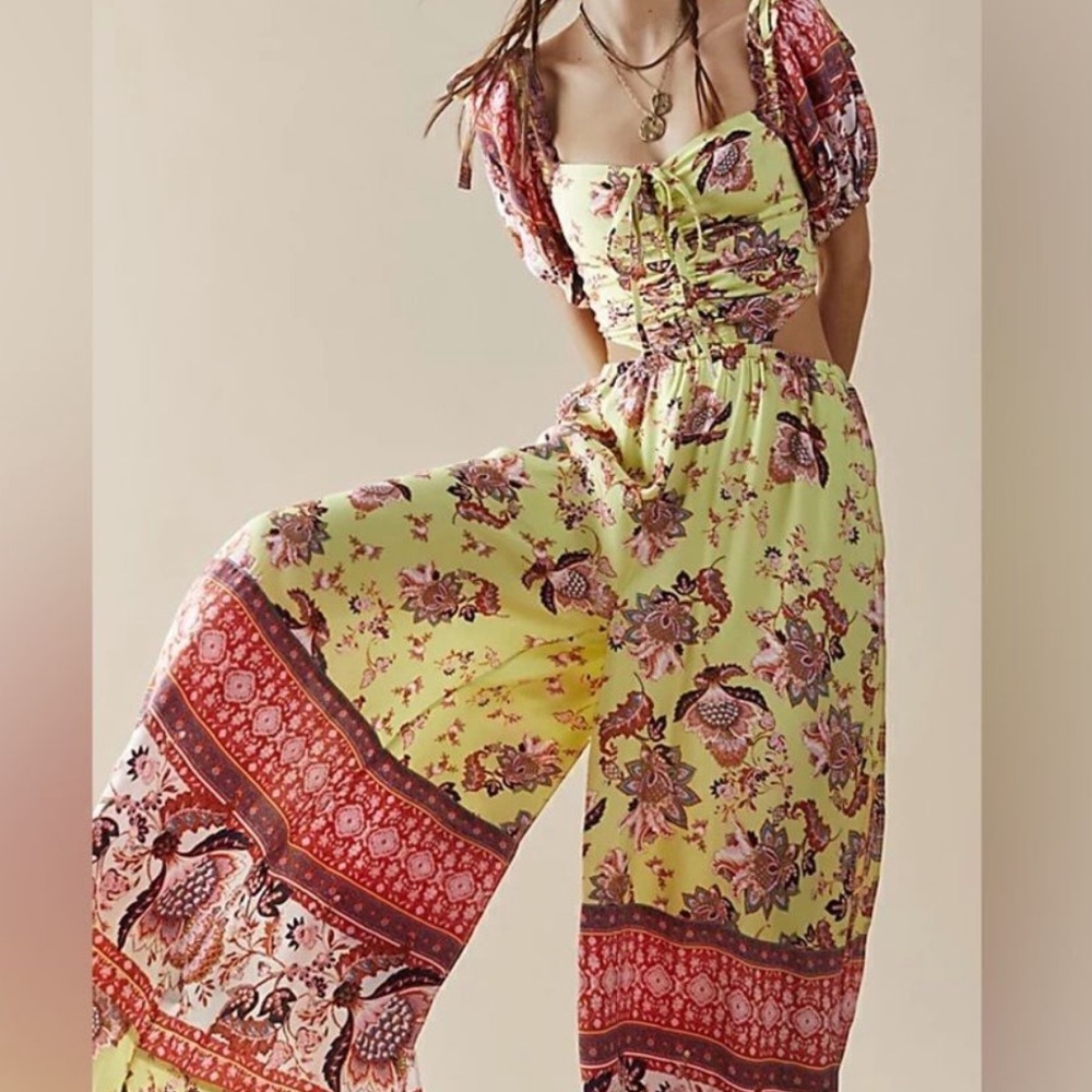 NWT FREE PEOPLE bali citrus skies lime red Floral Yellow Jumpsuit size XS